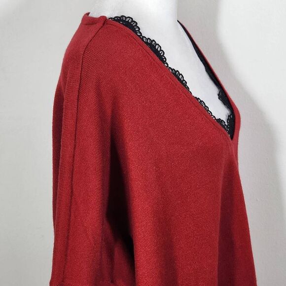 Chico's Red Sweater Poncho with Black Lace Trim NWT Size Small/Medium Red Poncho - Picture 5 of 11